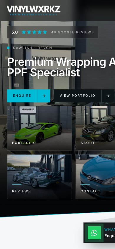 Vinylwxrkz website on mobile — homepage with enquire and portfolio buttons