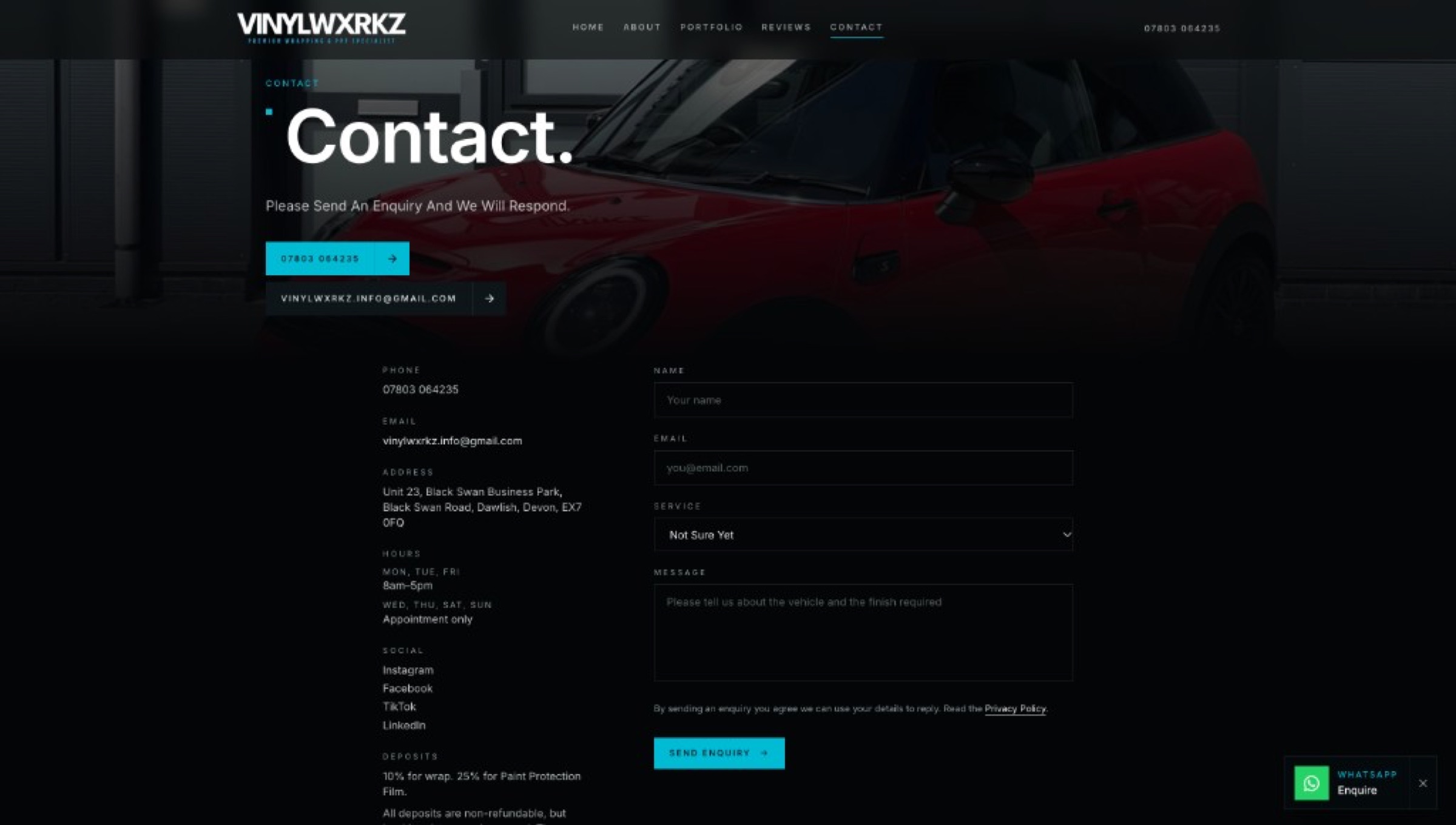 Vinylwxrkz contact — enquiry form, hours and workshop details