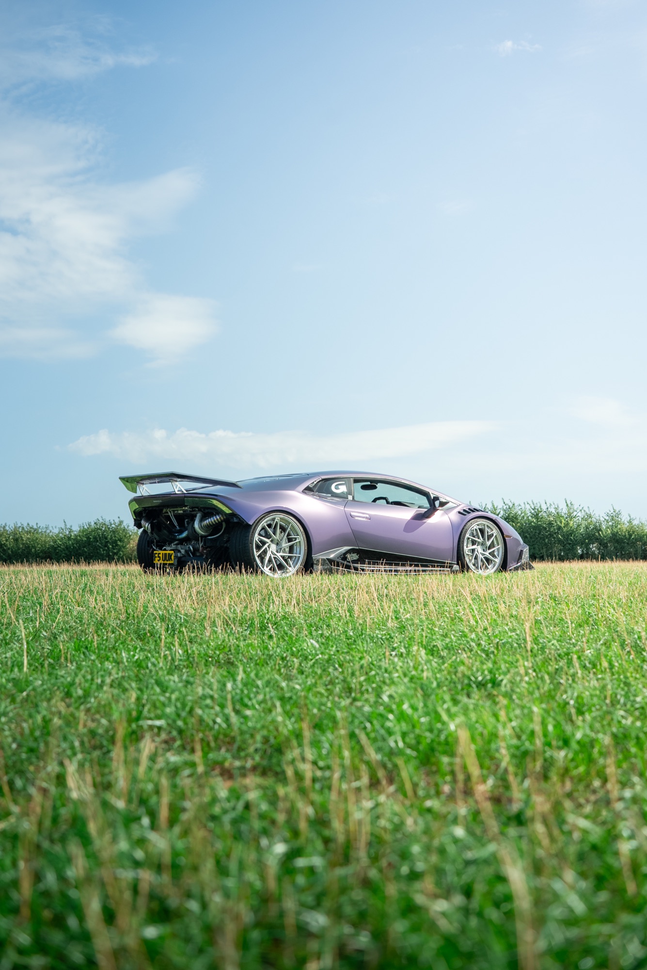 Purple twin-turbo Lamborghini Huracán in a field, rear three-quarter