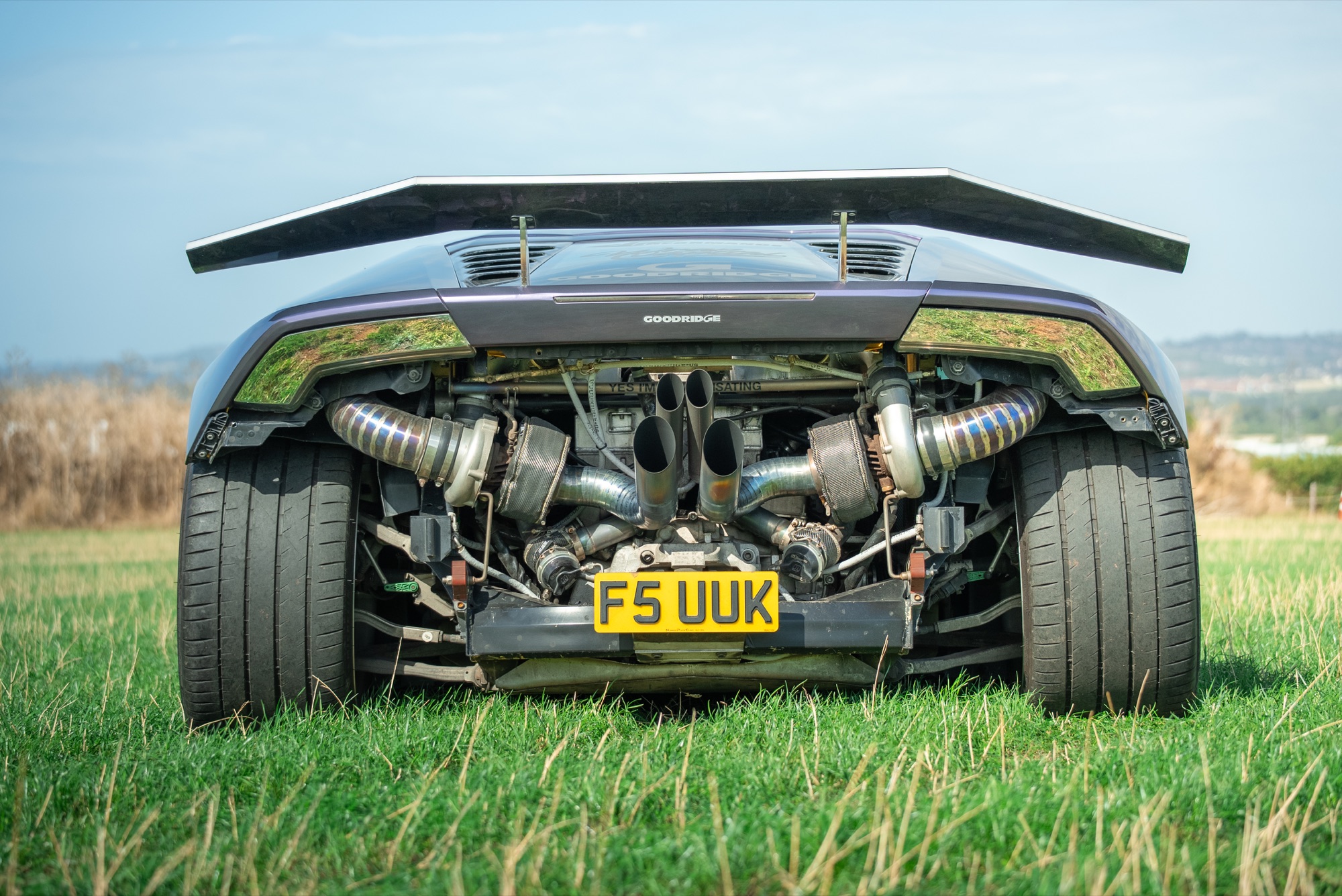 Twin-turbo Lamborghini Huracán from the rear, exposed engine and Goodridge lines
